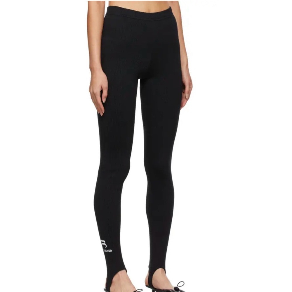 Balenciaga Black Ribbed Stirrup Leggings with Subtle Logo